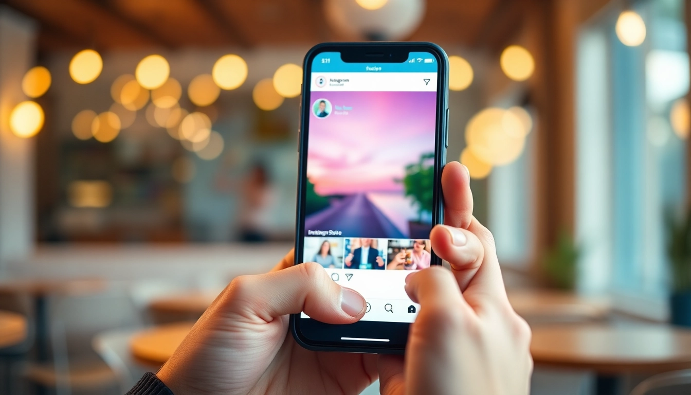 View Instagram stories anonymously through a smartphone in a café setting.