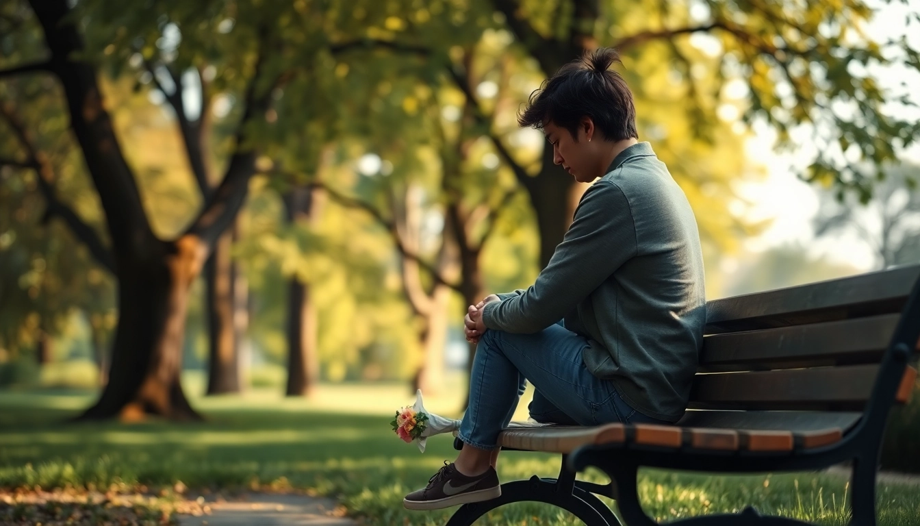 A person reflecting while dealing with grief in a tranquil park setting, surrounded by nature.