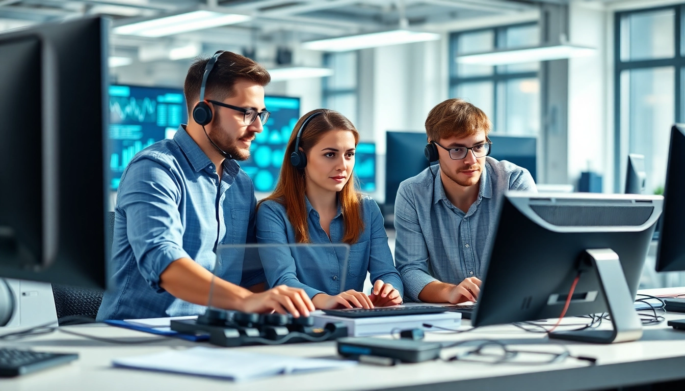 Enhance your understanding of it support service through a professional team collaborating in a tech setting.