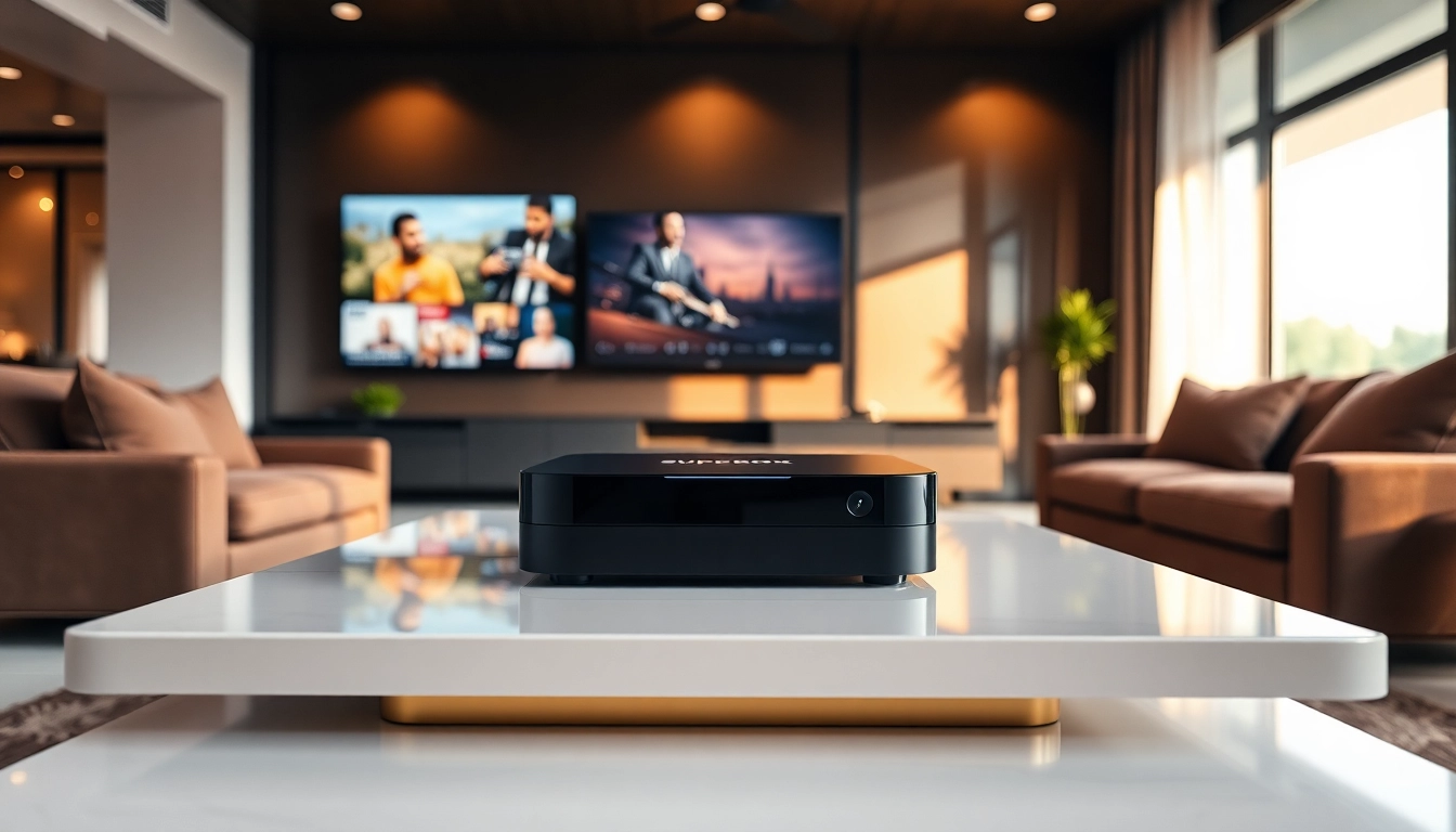Showcase the sleek design of superbox tv box in a modern living room, highlighting its premium features.