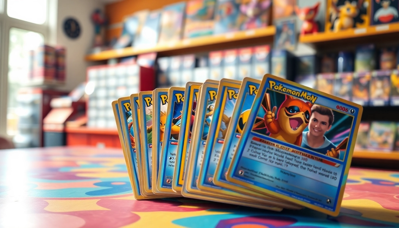 Showcasing real pokemon cards beautifully arranged on a gaming table filled with collectibles.