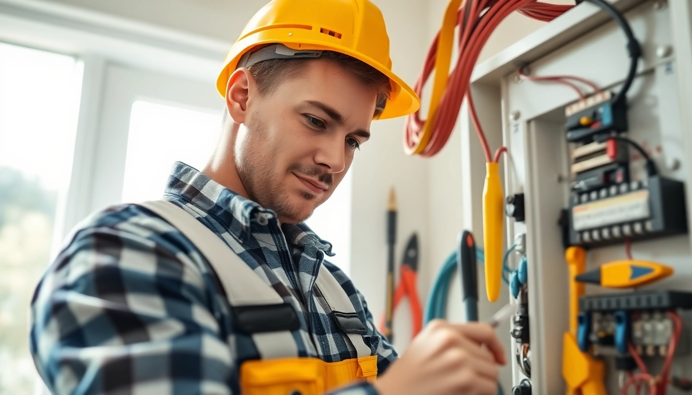 Electrical Service technician repairing a residential electrical panel with professional tools.