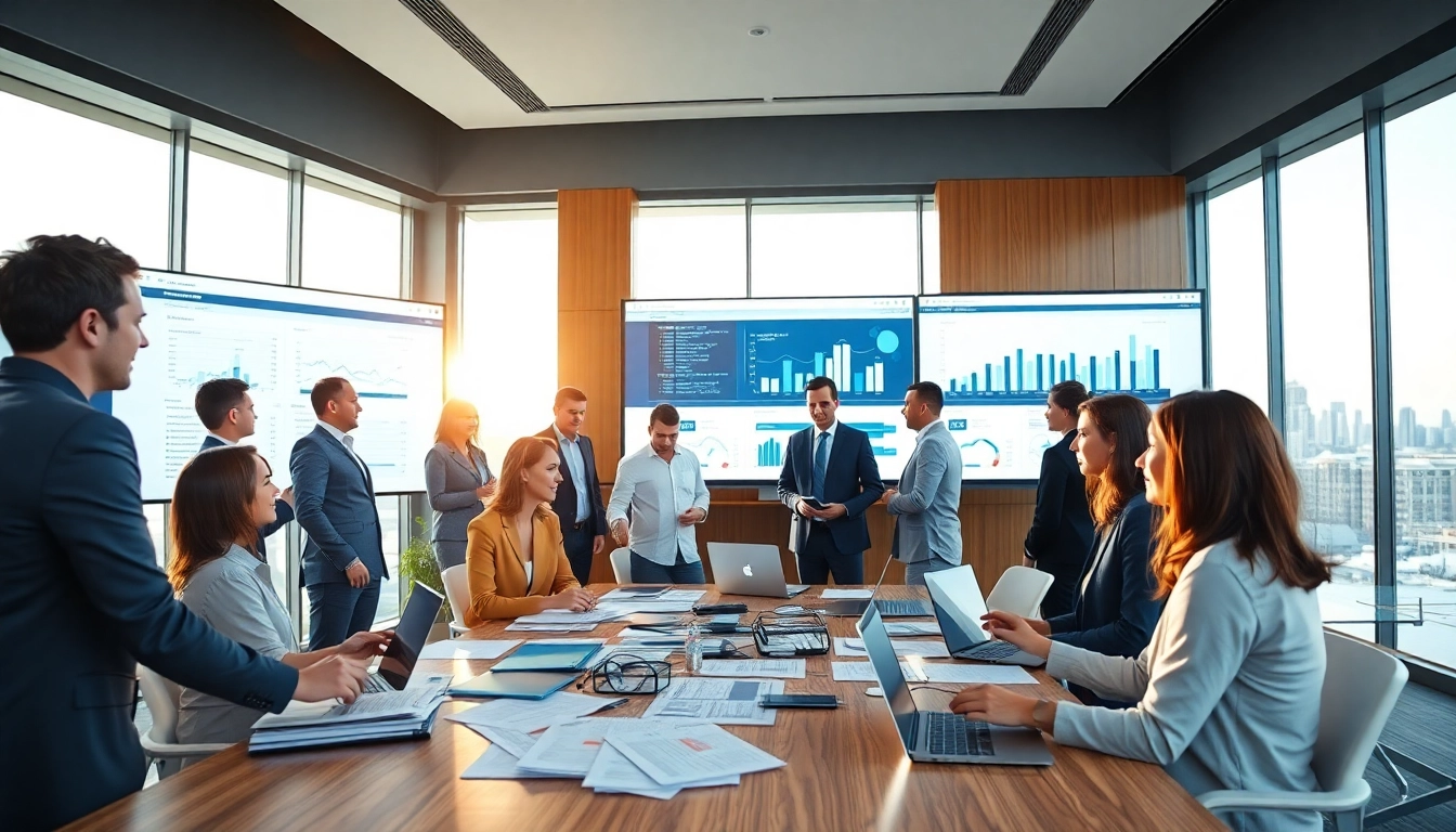 Engaged professionals in real estate management strategizing in a bright office setting.