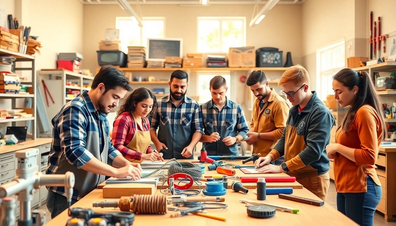 Students practicing hands-on skills at a trade school in Tennessee workshop, fostering teamwork.