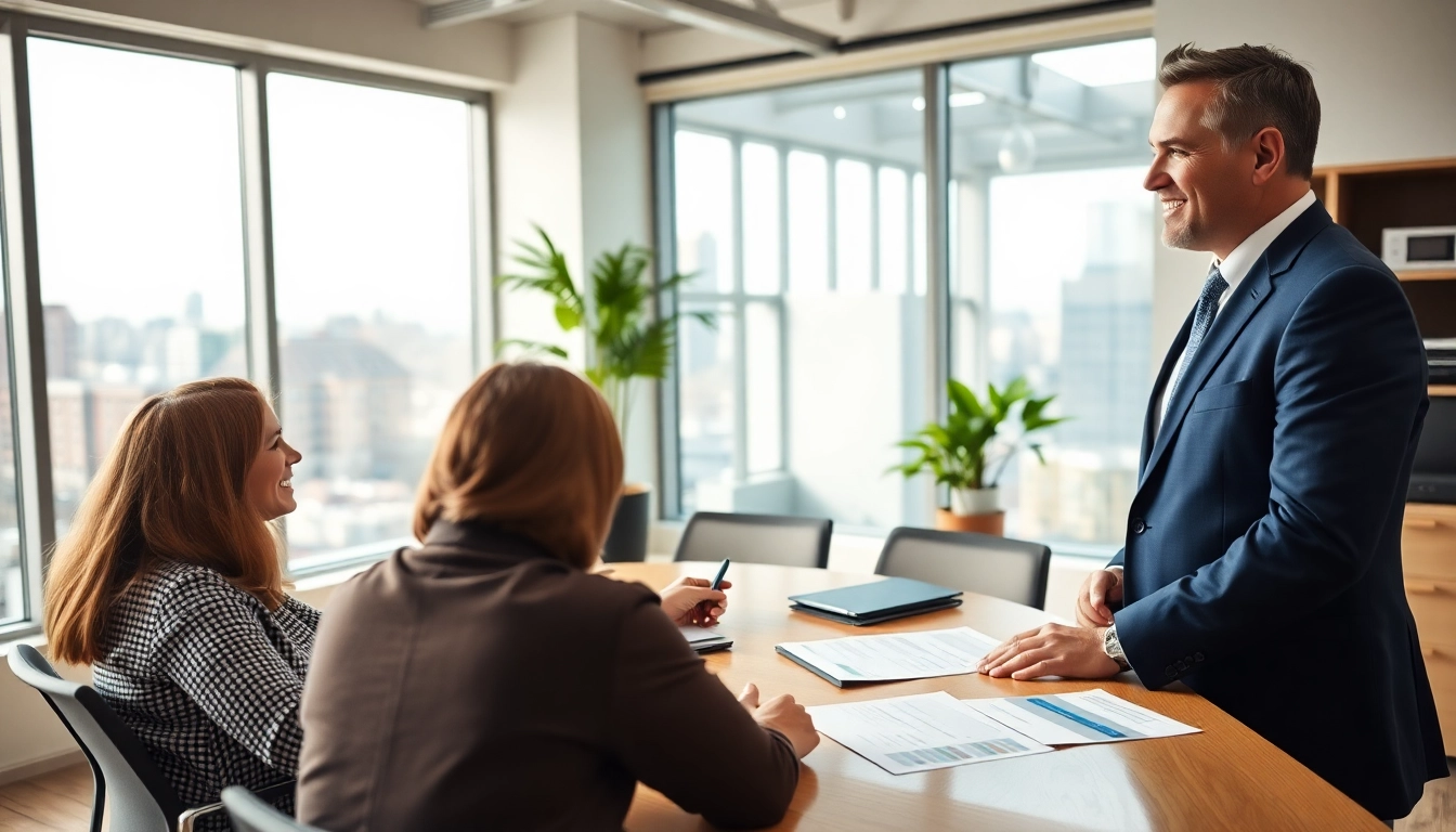 Engaging scene of real estate agent discussing direct home buyers with clients in a professional setting.