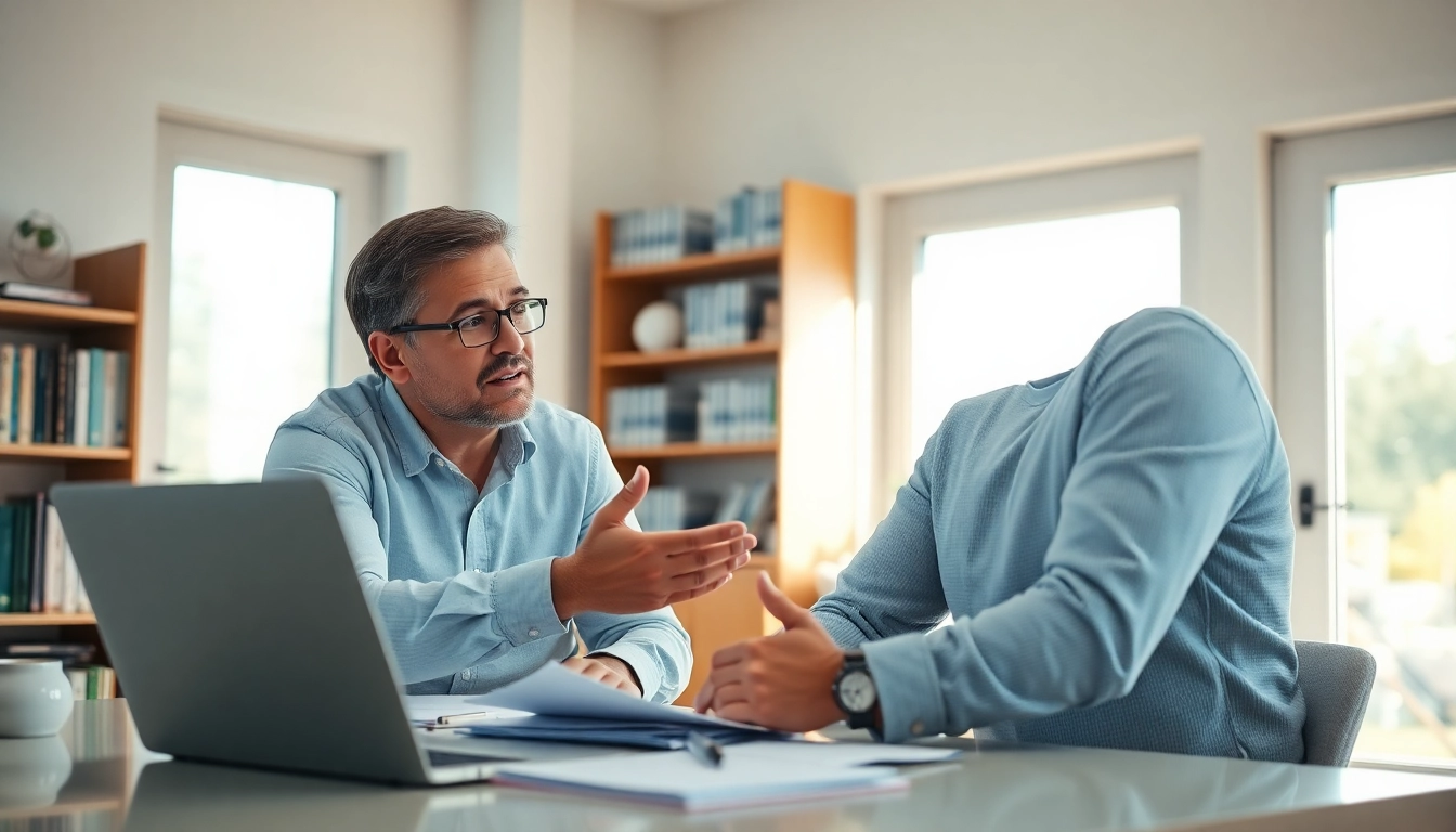 Public Adjuster Near Me providing guidance to a homeowner in a bright office setting.