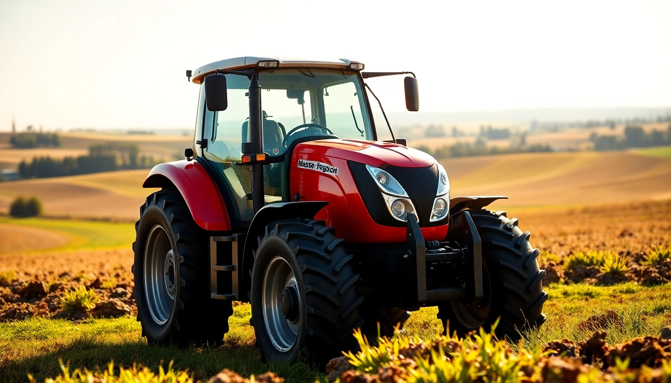 Massey Ferguson tractor showcasing robust design in a vibrant agricultural landscape.