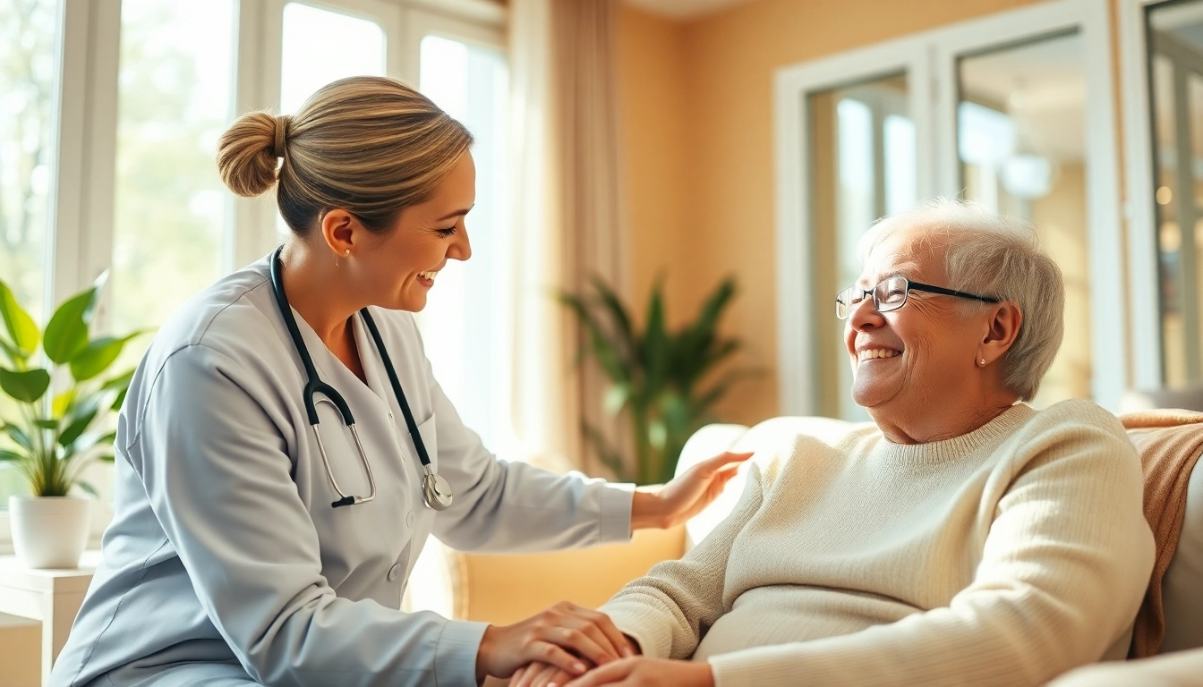 Providing senior care austin tx in a warm living room, highlighting caregiver and senior interaction.