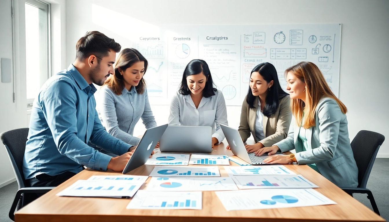 Analyze competitive intelligence strategies with professionals in a collaborative office environment.