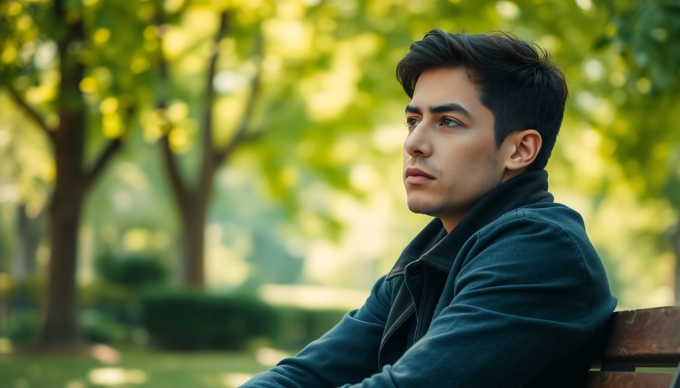 Contemplative person reflecting on feelings of relationship breakup in a serene park setting.