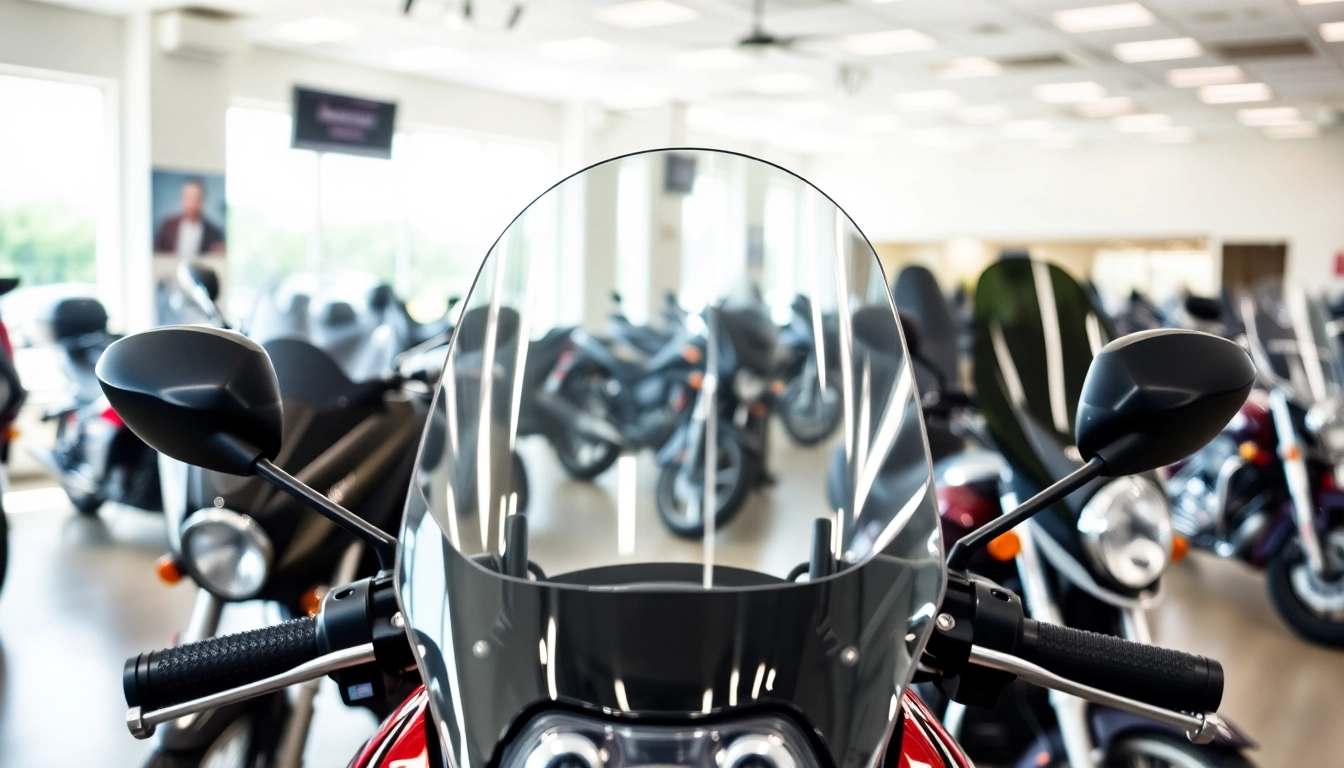 Showcase of motorcycle windscreens highlighting various styles and features in a modern showroom.