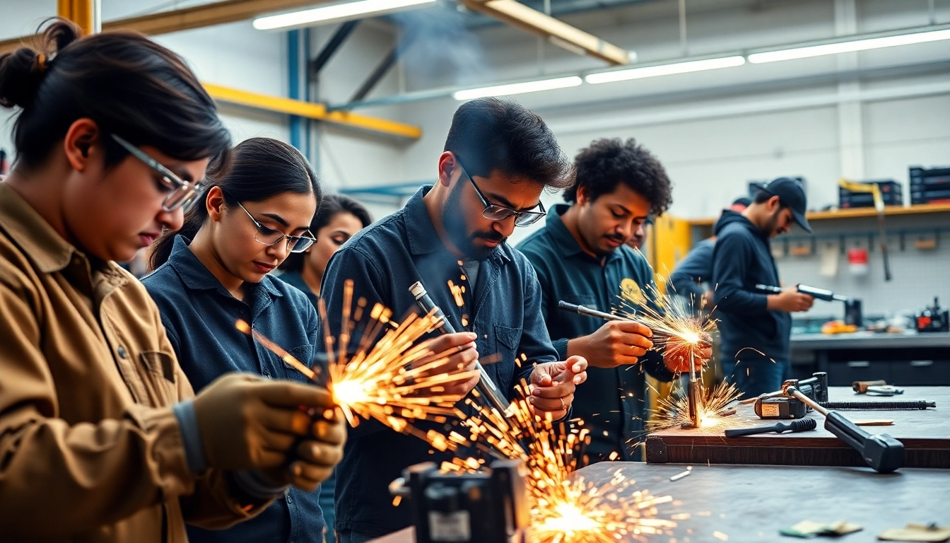 Students practicing welding at a trade school in Tennessee, showcasing hands-on vocational training.