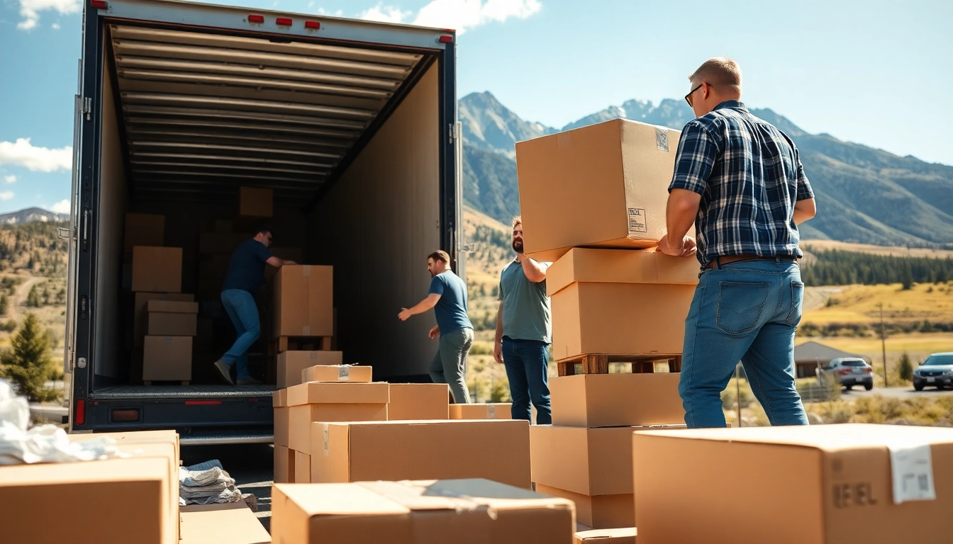 Colorado Moving Company team efficiently loading furniture into a truck against a Rocky Mountain backdrop.