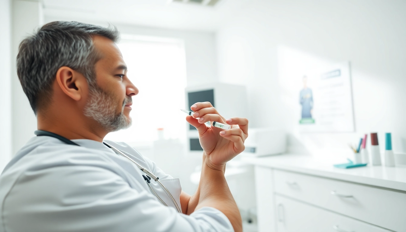 Administering Testosterone shots in a professional healthcare setting.