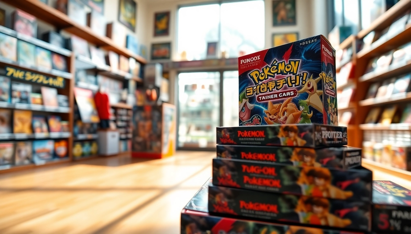 Shop featuring a vibrant booster box collection attracting collectible card game enthusiasts.