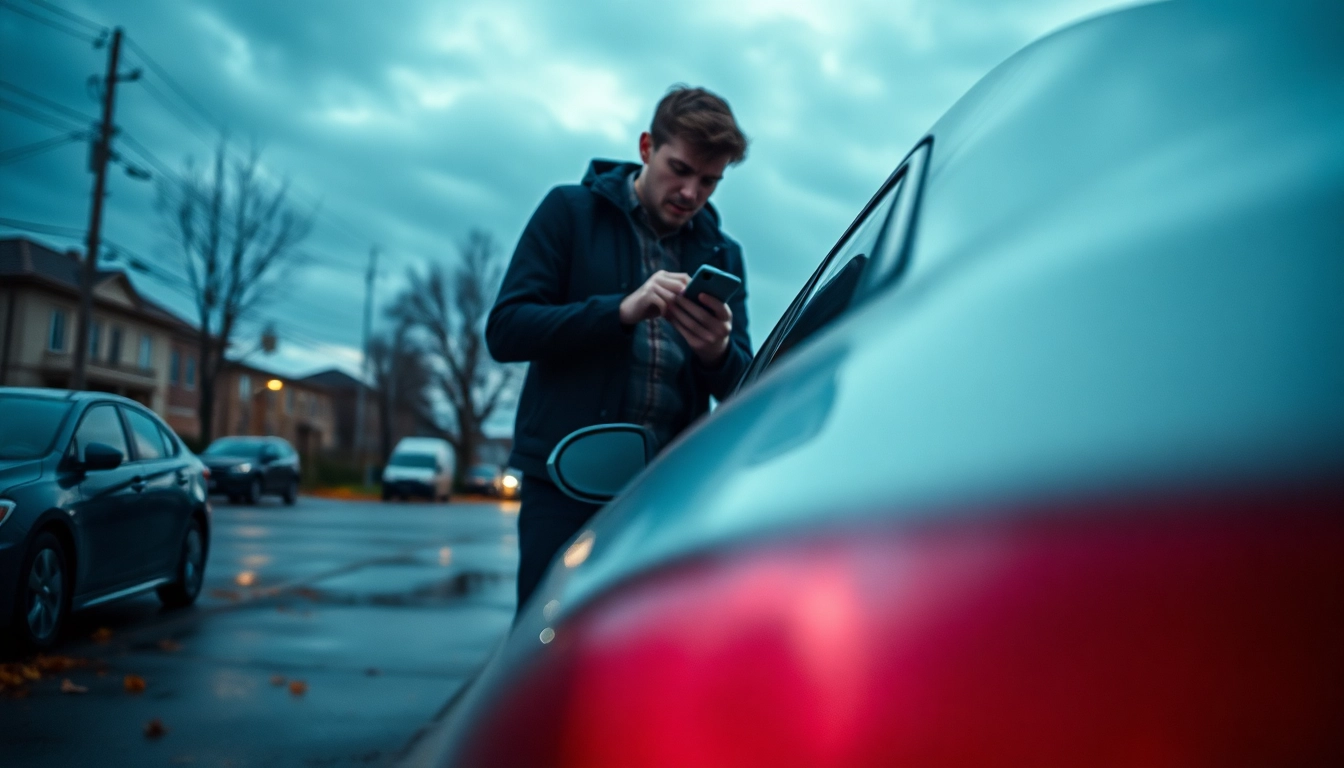 Person observing keys locked in car, appearing distressed while seeking help
