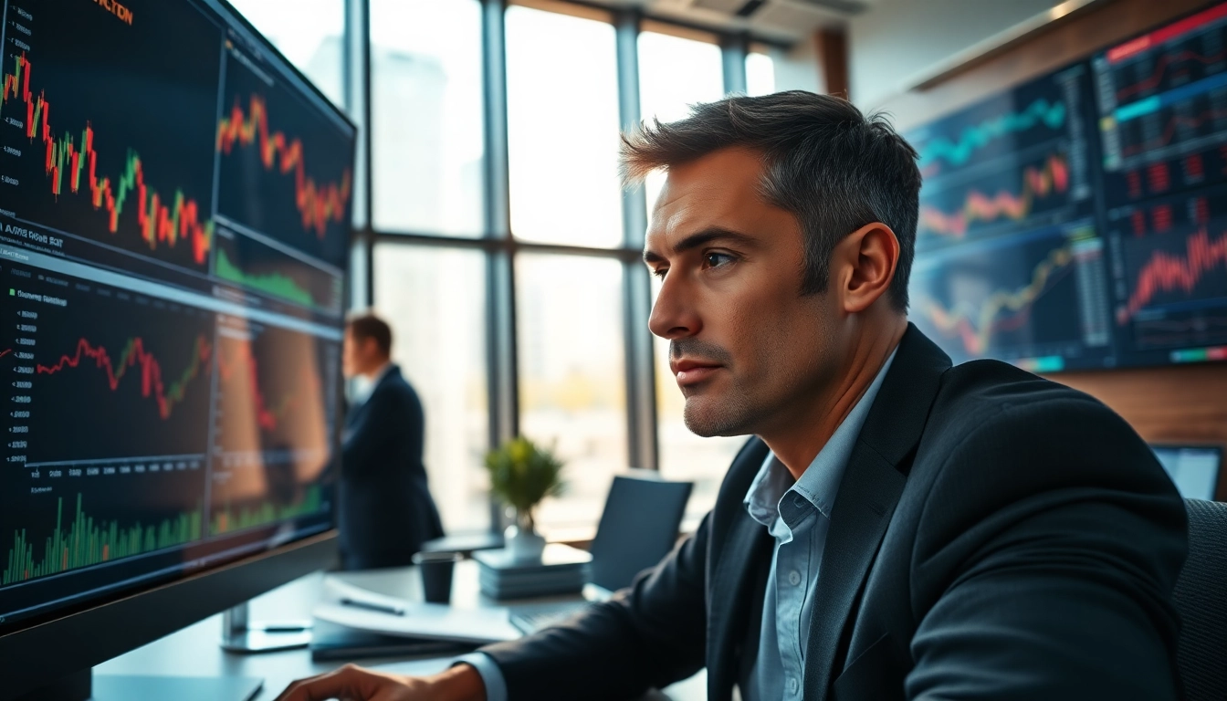 Hedge Fund manager examining financial data in a modern office.