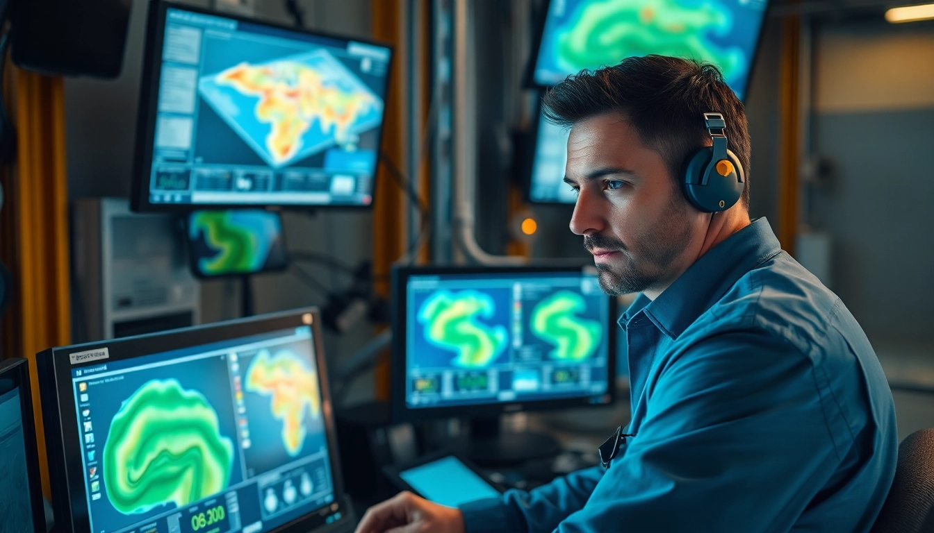 Technician analyzing geosteering data at www.geosteeringvision.com in a modern drilling setup.