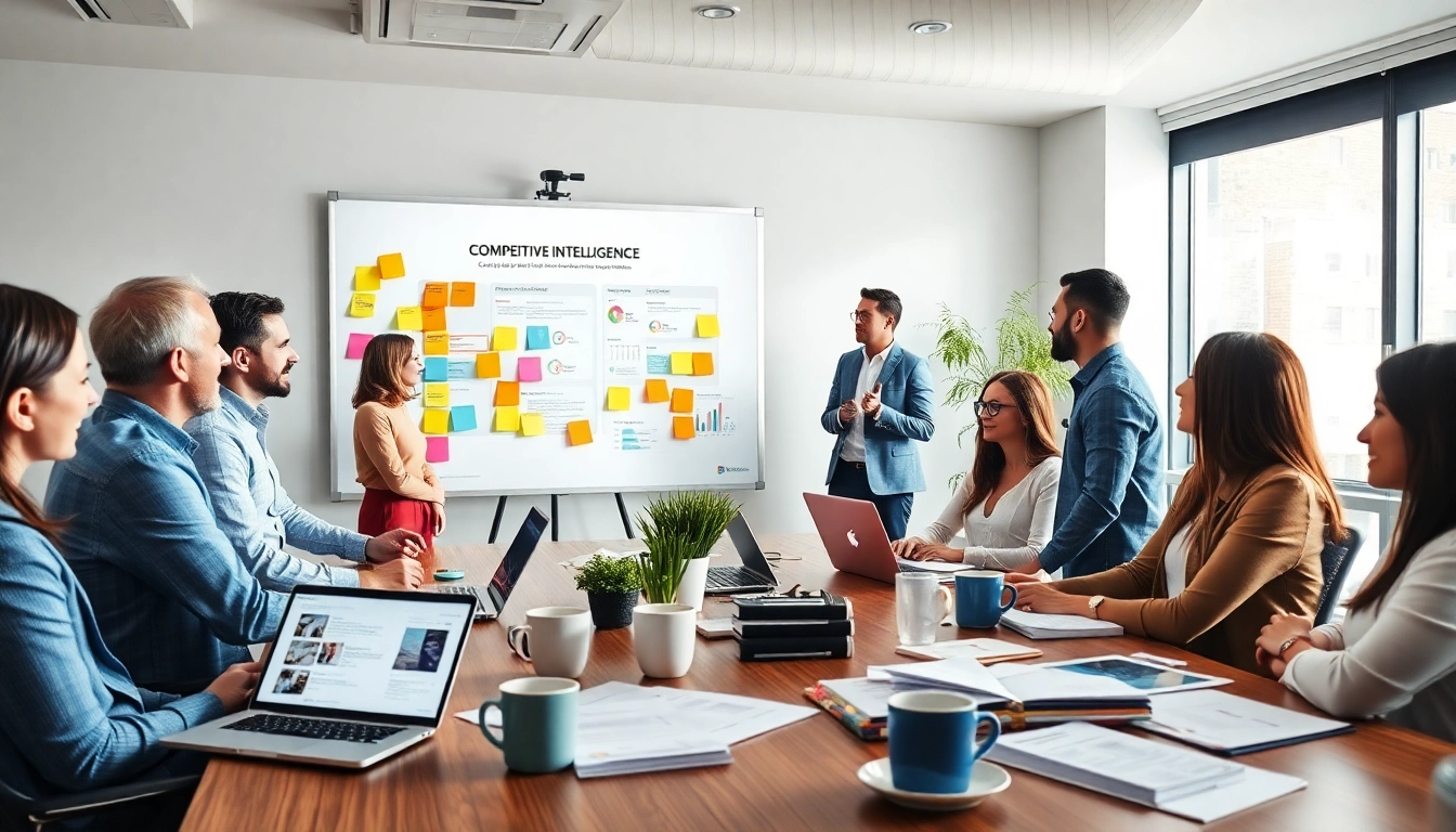 Engaging professionals using ai prompts for competitive intelligence in a vibrant office setting.