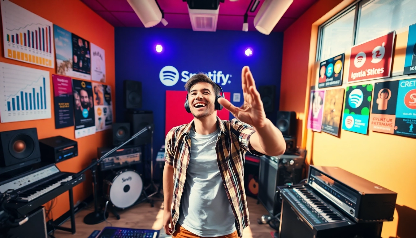 Showcasing a musician actively engaging in spotify promotion within a lively studio environment.