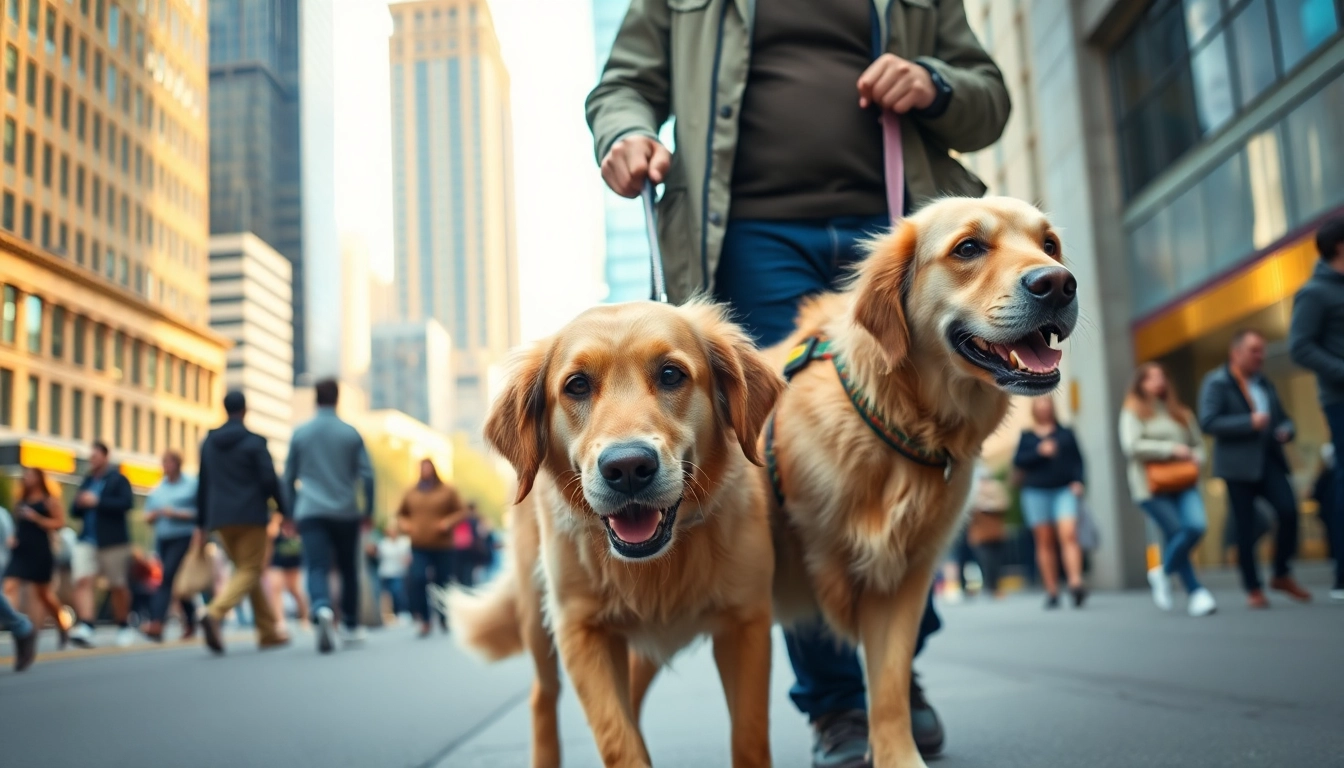 Trained service dog aiding its handler, highlighting service dogs for sale in a vibrant urban environment.