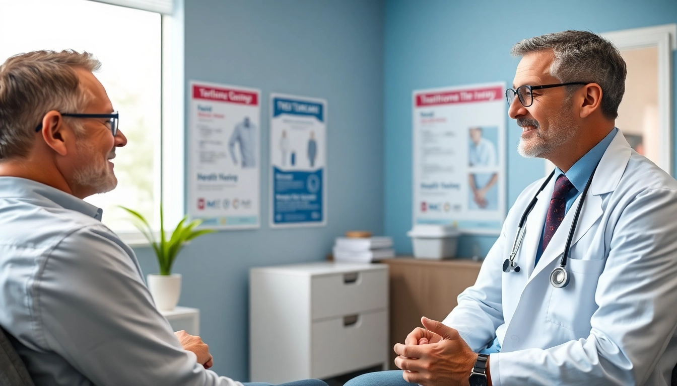 Consultation on Testosterone Replacement Therapy with a patient and doctor in a healthcare setting.