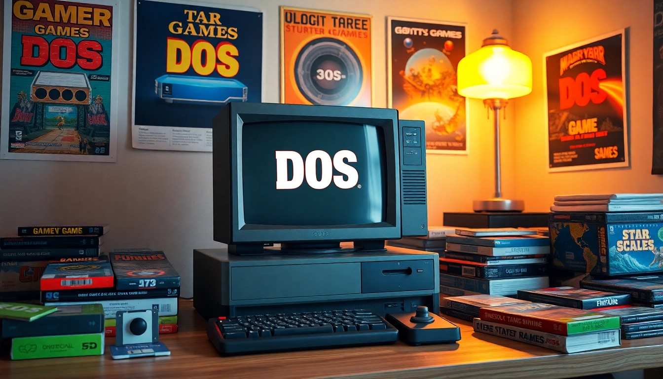 Play DOS games download on a vintage gaming setup with classic game boxes and joystick.