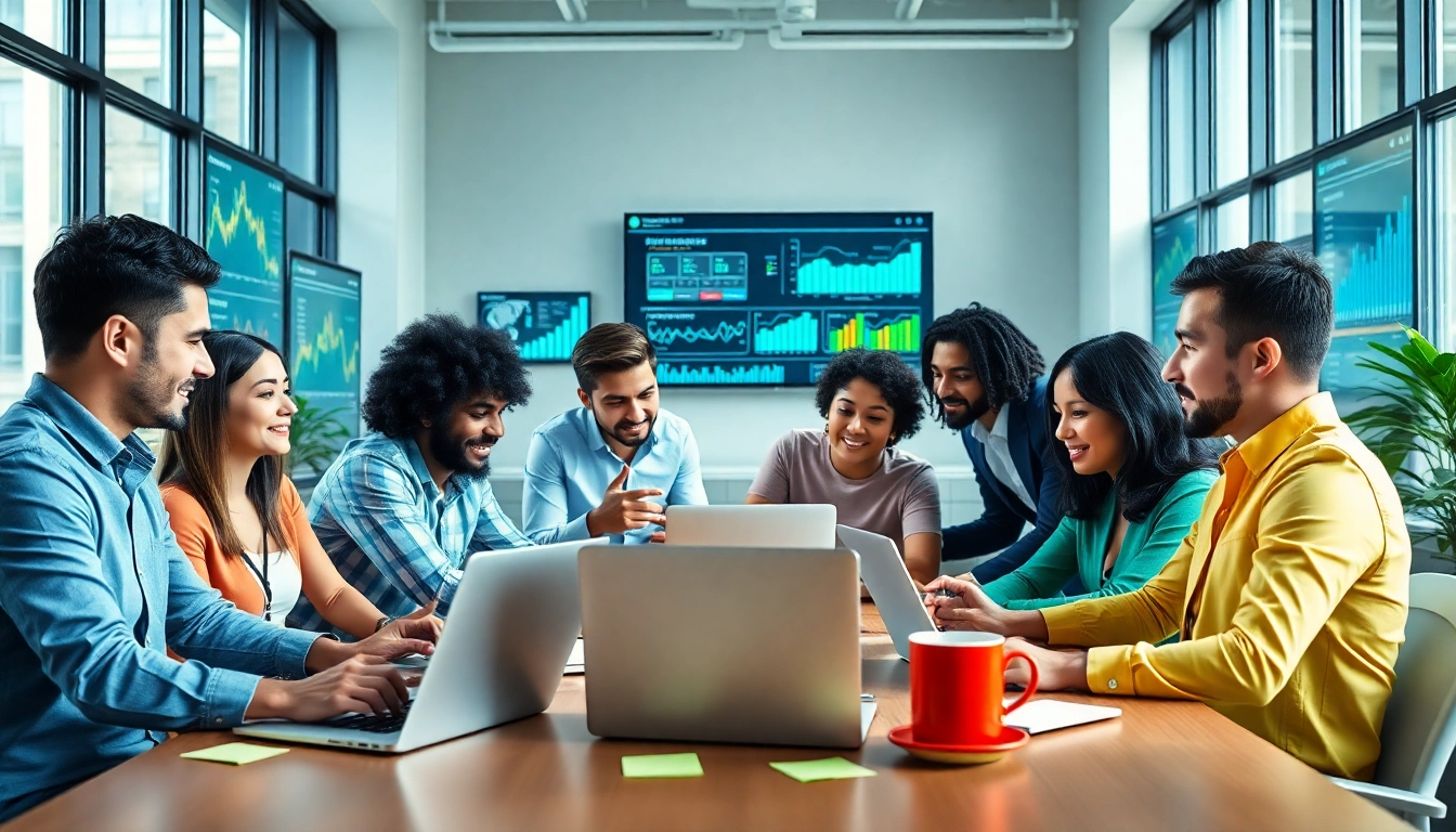 Show a team of professionals delivering web design and SEO services in a vibrant office.