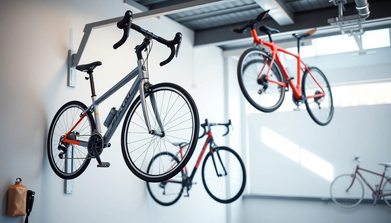 Organized wall-mounted bike storage showcasing bikes mounted on stylish racks in a modern garage.