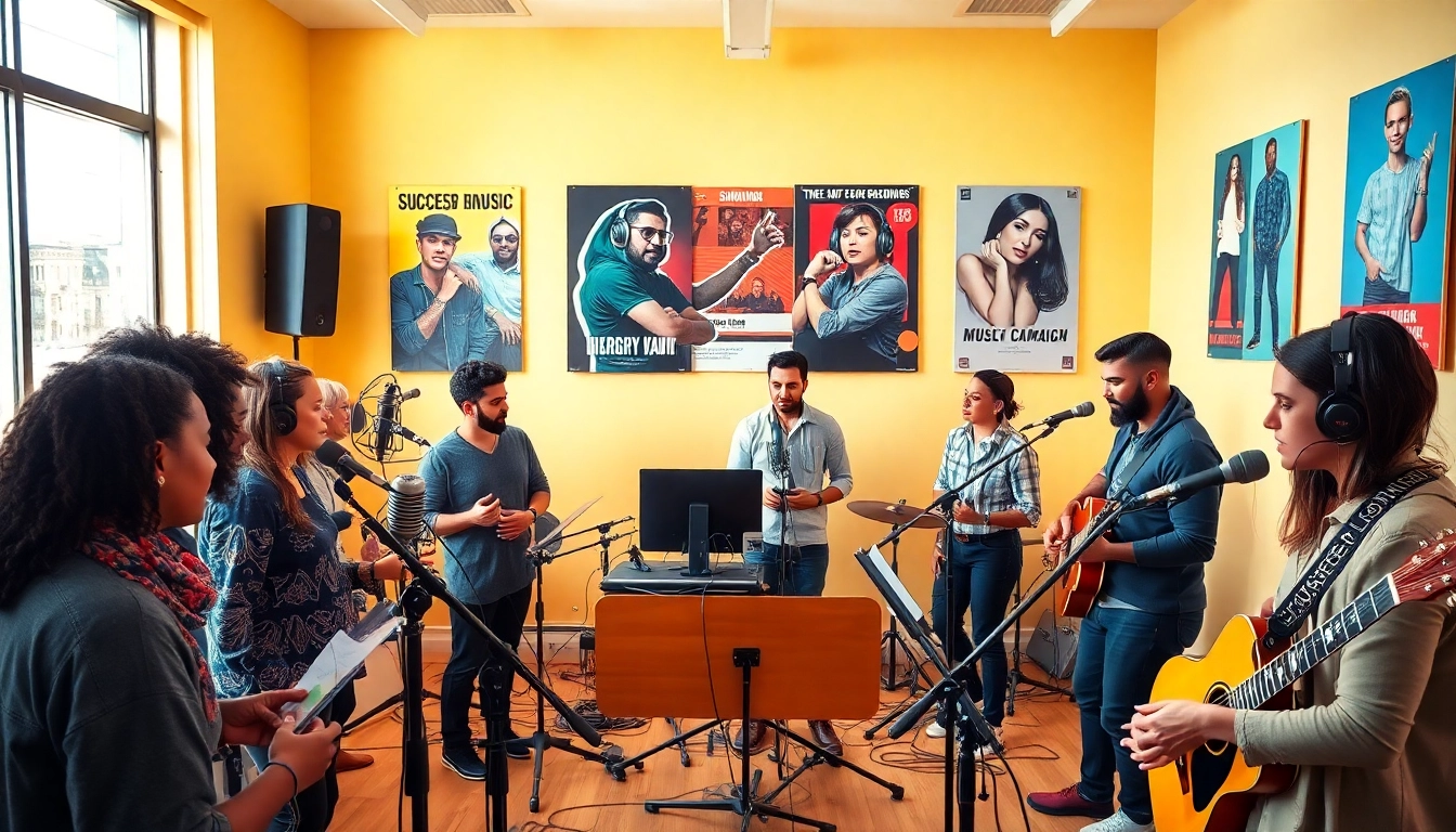 Engaged team at a Music PR Firm strategizing with musicians in a bright studio.