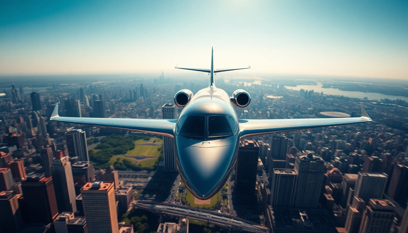 Experience private jet charter NYC with a luxurious jet flying over the skyline.
