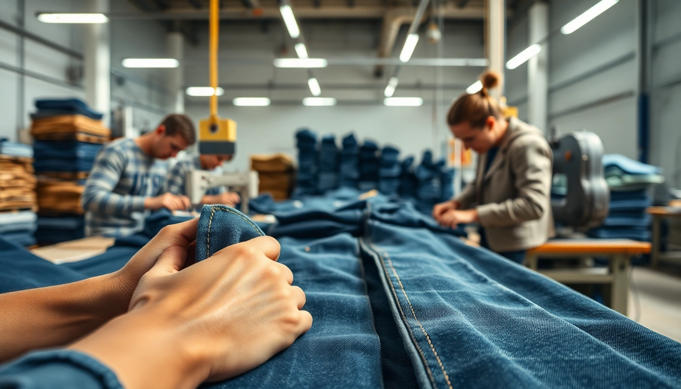 Wholesale jeans manufacturers showcasing skilled craftsmanship in a well-lit factory scene.