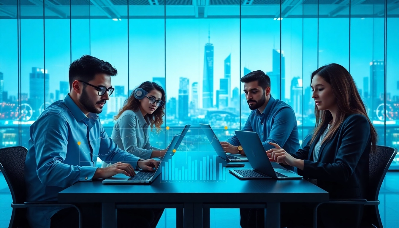 Visualize data anomaly detection process with a collaborative team and innovative graphs in a modern office.