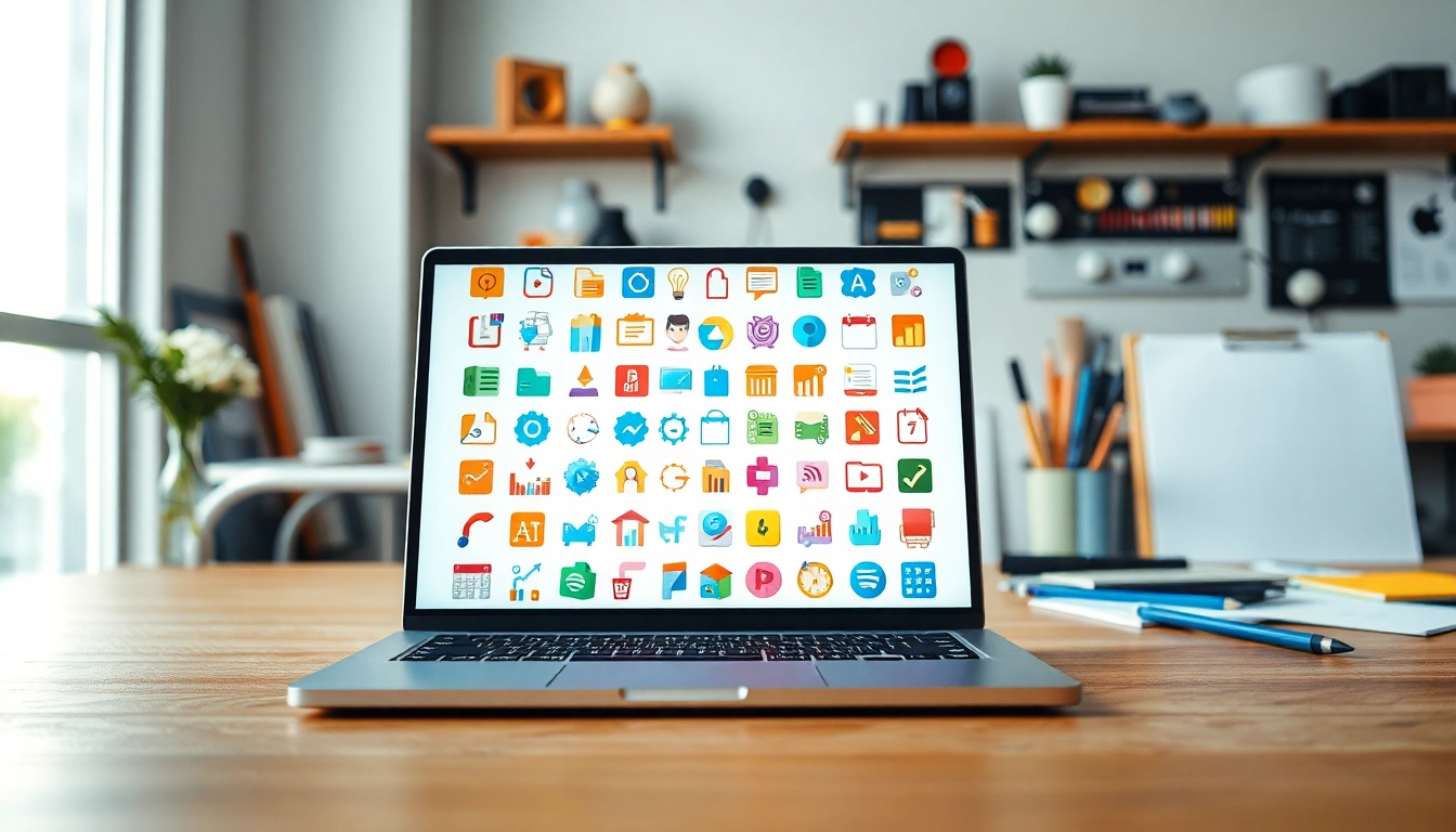 Showcase of creative Icons on a designer's workspace highlighting various styles and colors.