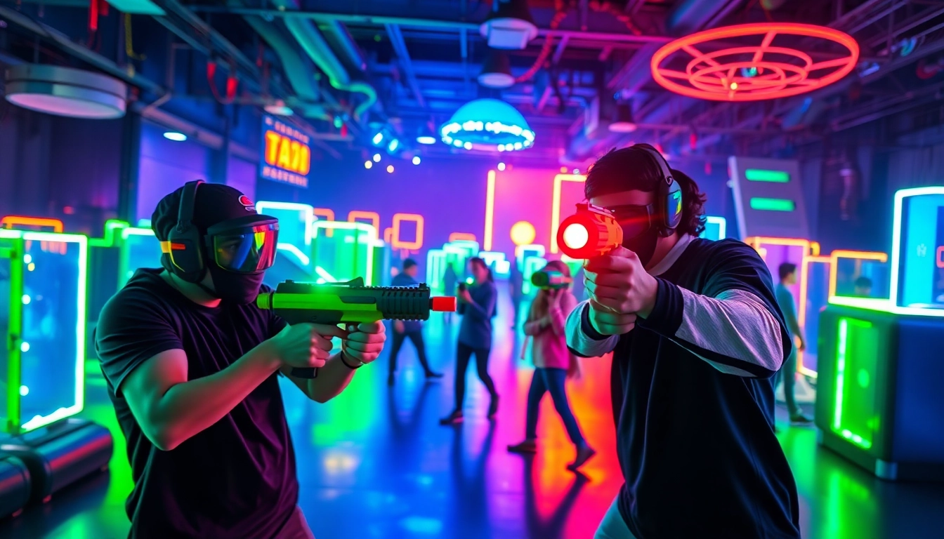 Players enjoying laser tag in a vibrant, illuminated arena with neon lights.