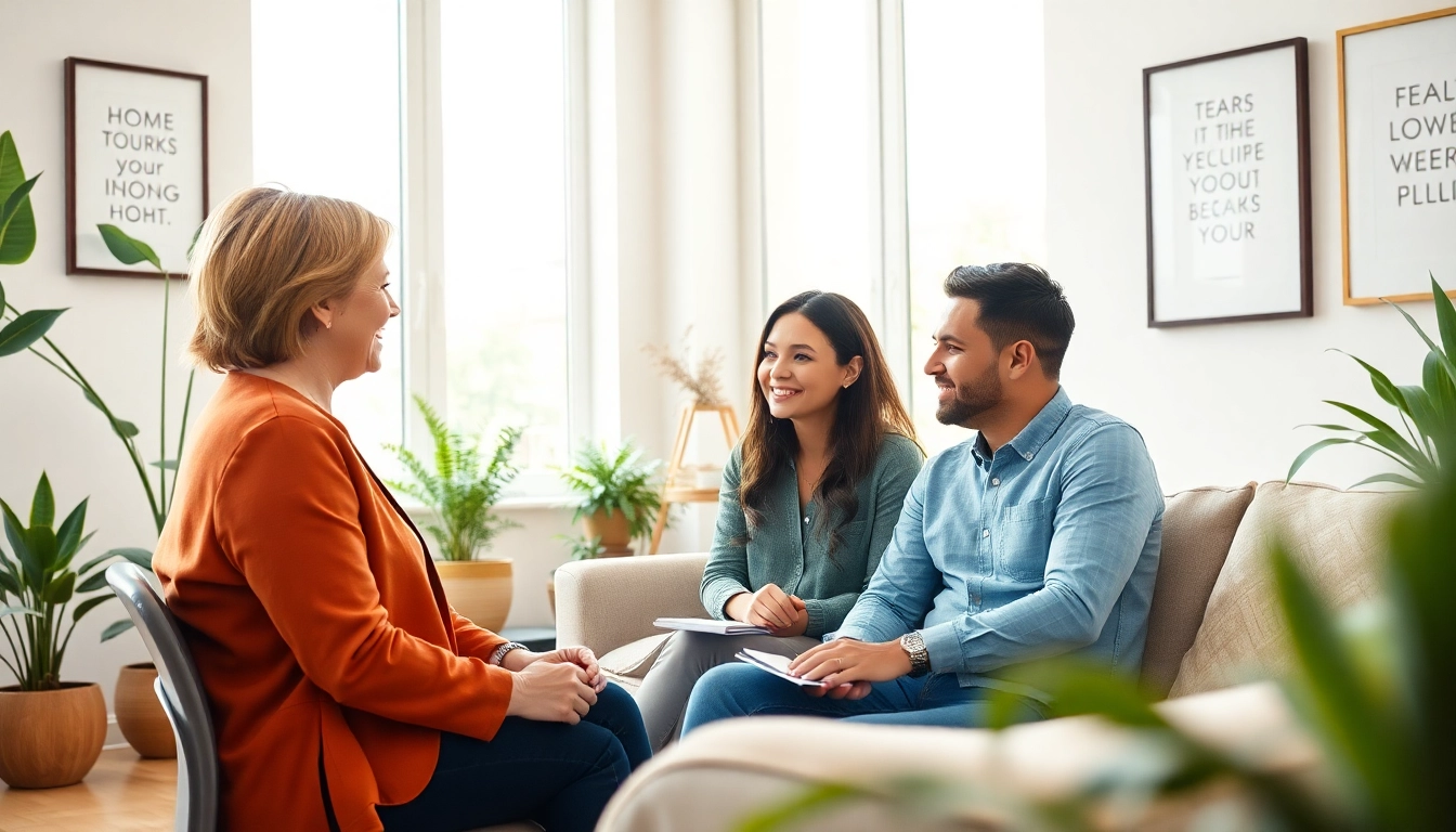 Empowering relationship coach engaged with clients in a supportive, serene environment.