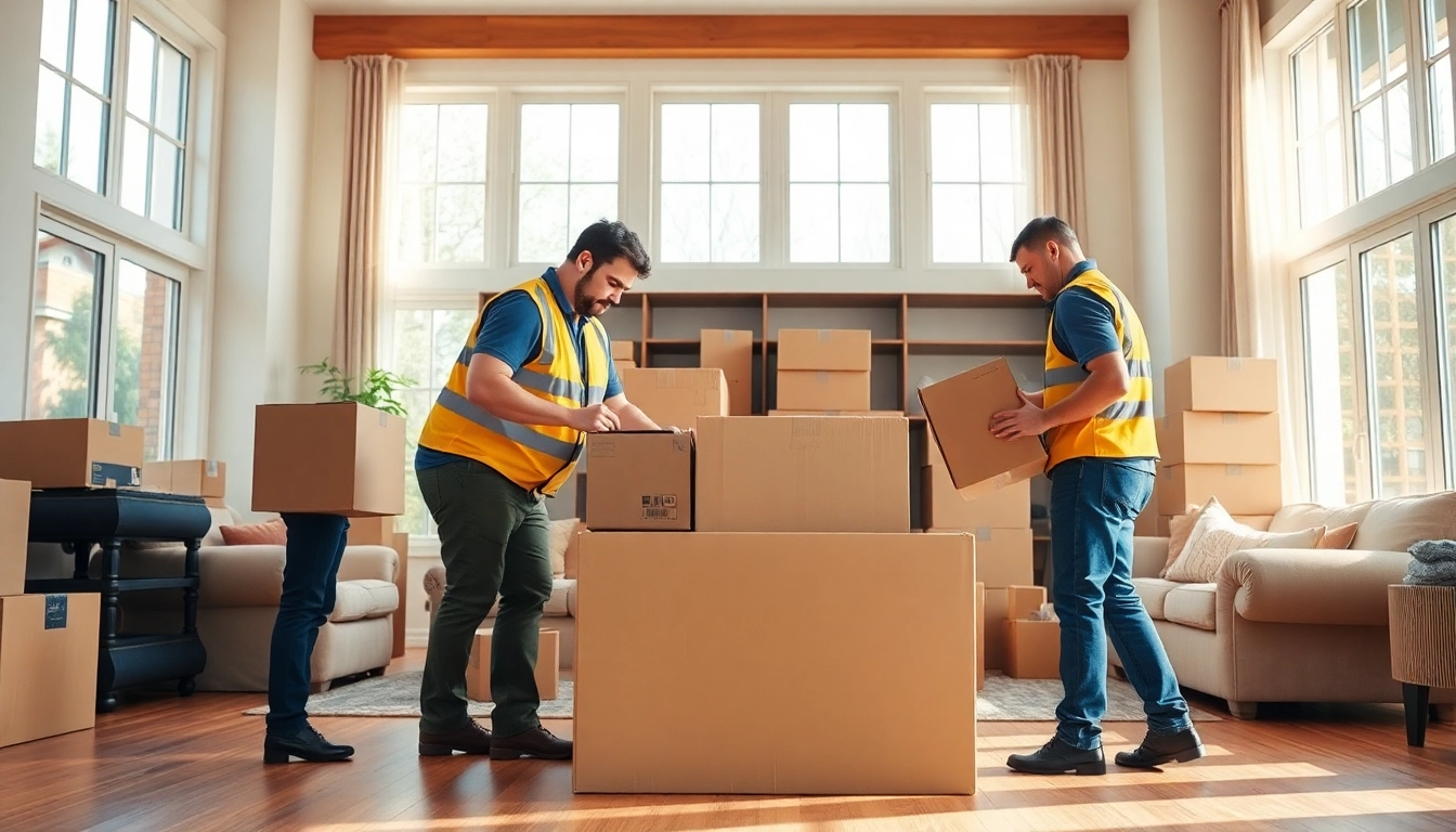 Engaged local Toronto movers packing boxes professionally in a well-lit home environment.
