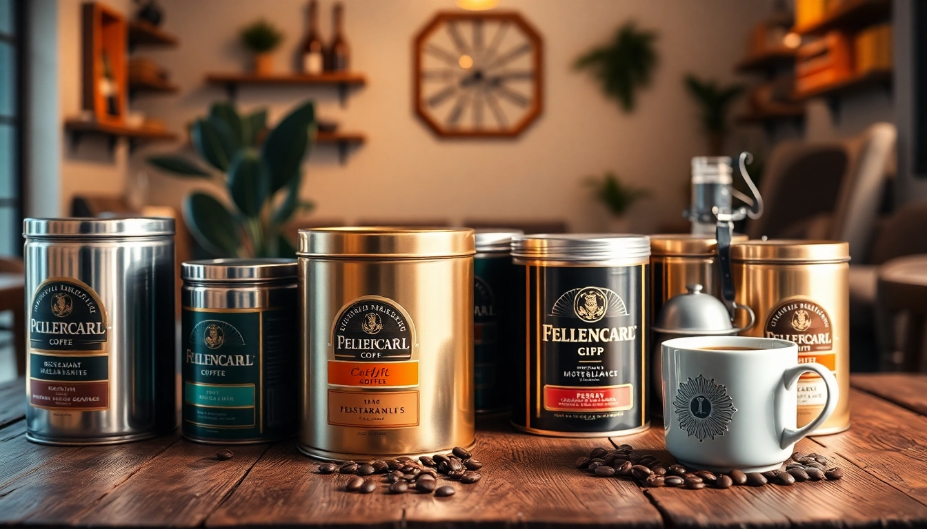 Display of coffee tins with unique designs showcasing their vibrant colors and styles.