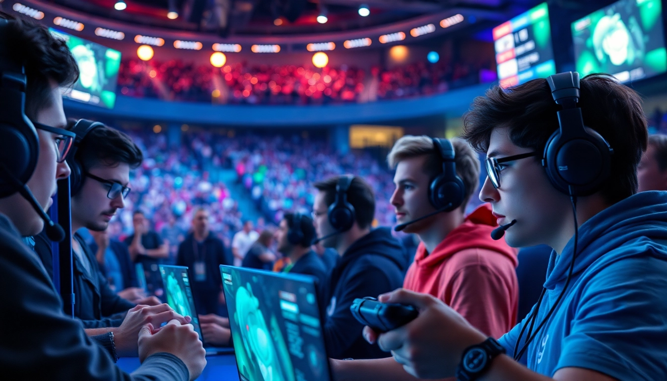 Engaged gamers reviewing data for CS2 Predictions in a vibrant esports arena.