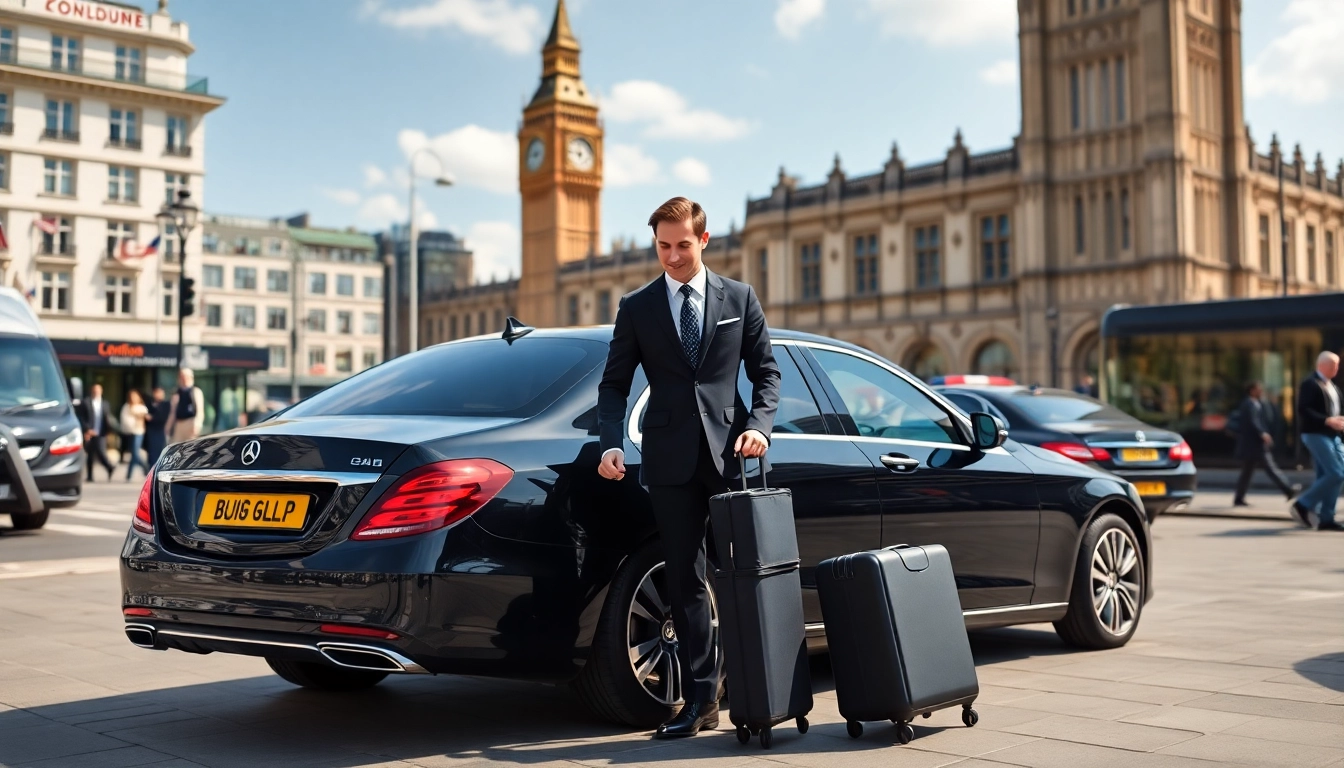 Showcase of a chauffeur service london with a professional chauffeur and black car by an iconic landmark.