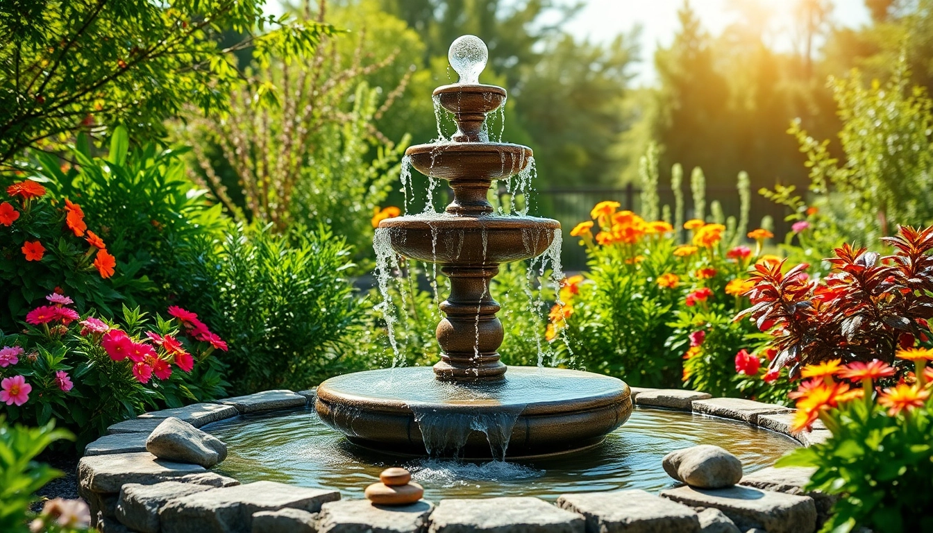 Décoration de fontaine avec tiers d'eau au milieu d'un jardin luxuriant
