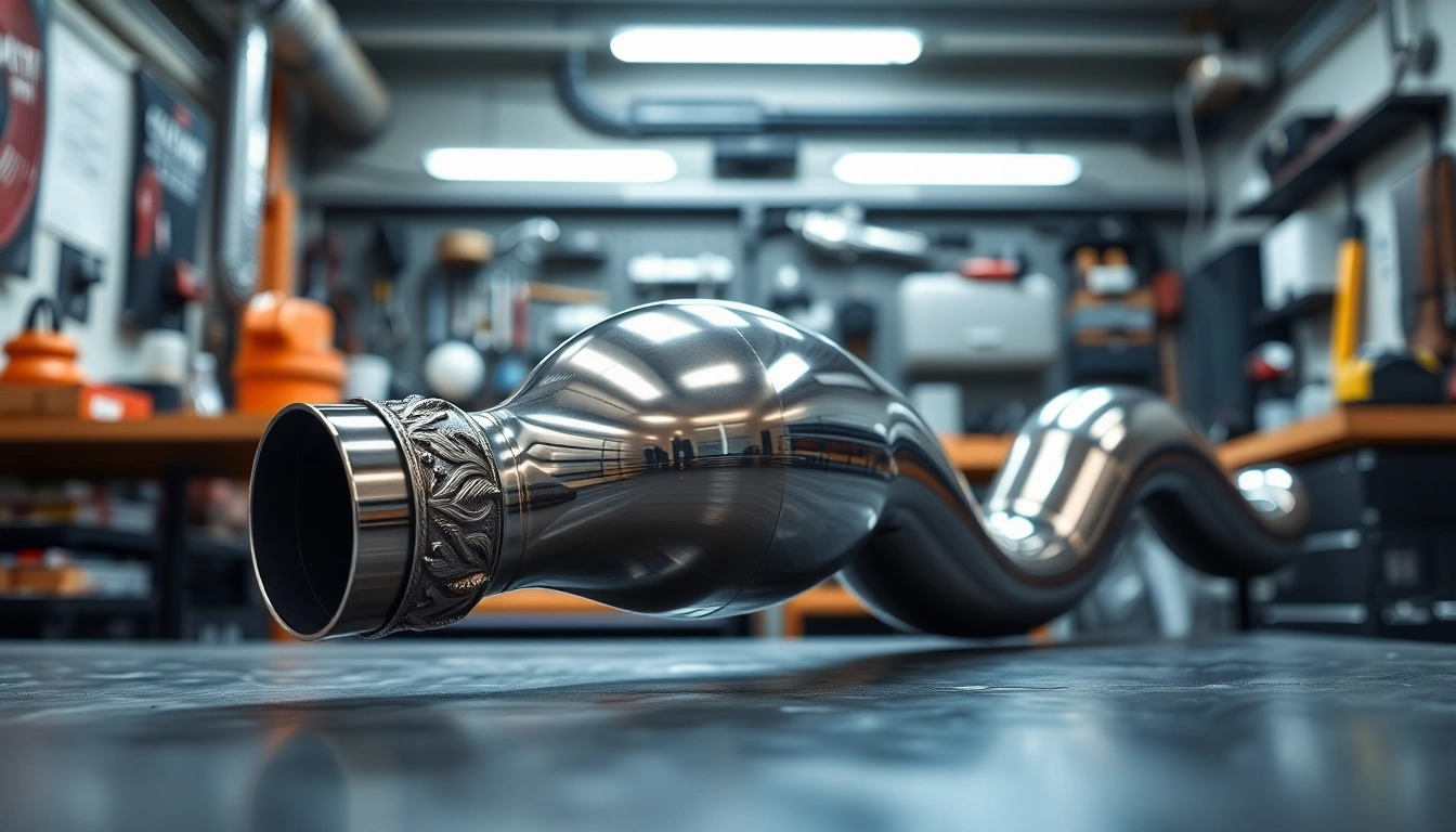 Highlighting a high-quality single midpipe with stainless steel finish on a workshop bench.