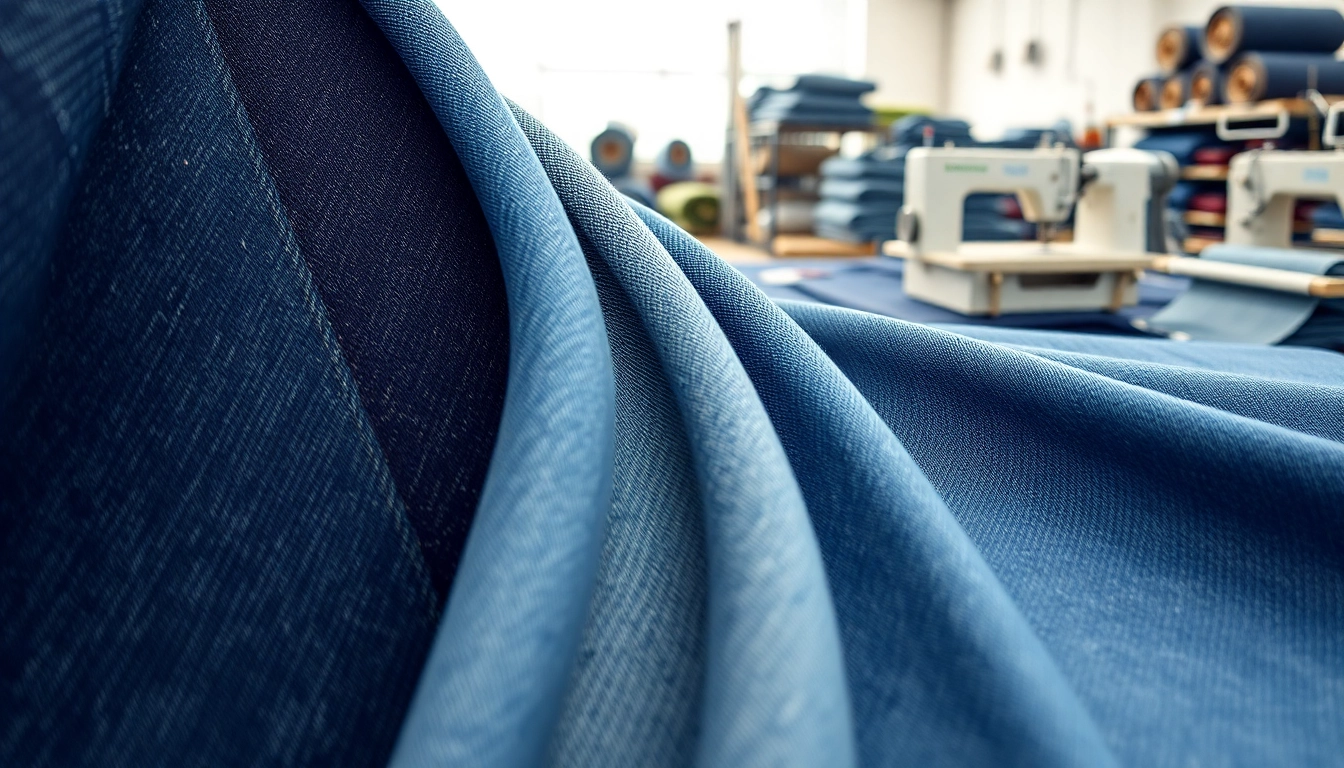Showcasing various textures from jeans fabric manufacturers in a working textile environment.