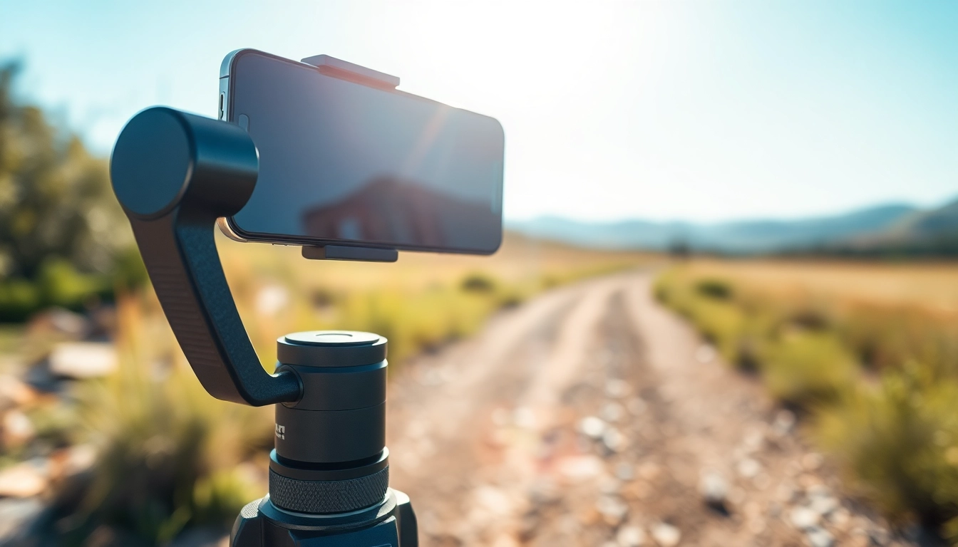 Capture video effortlessly with a gimble stabilizer for smartphones while moving through vibrant outdoor settings.