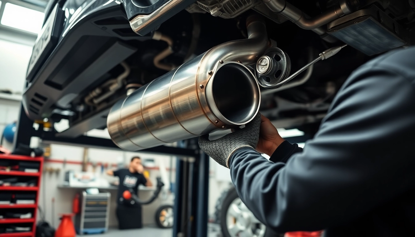 Install a single midpipe with precision in a bright garage setting.