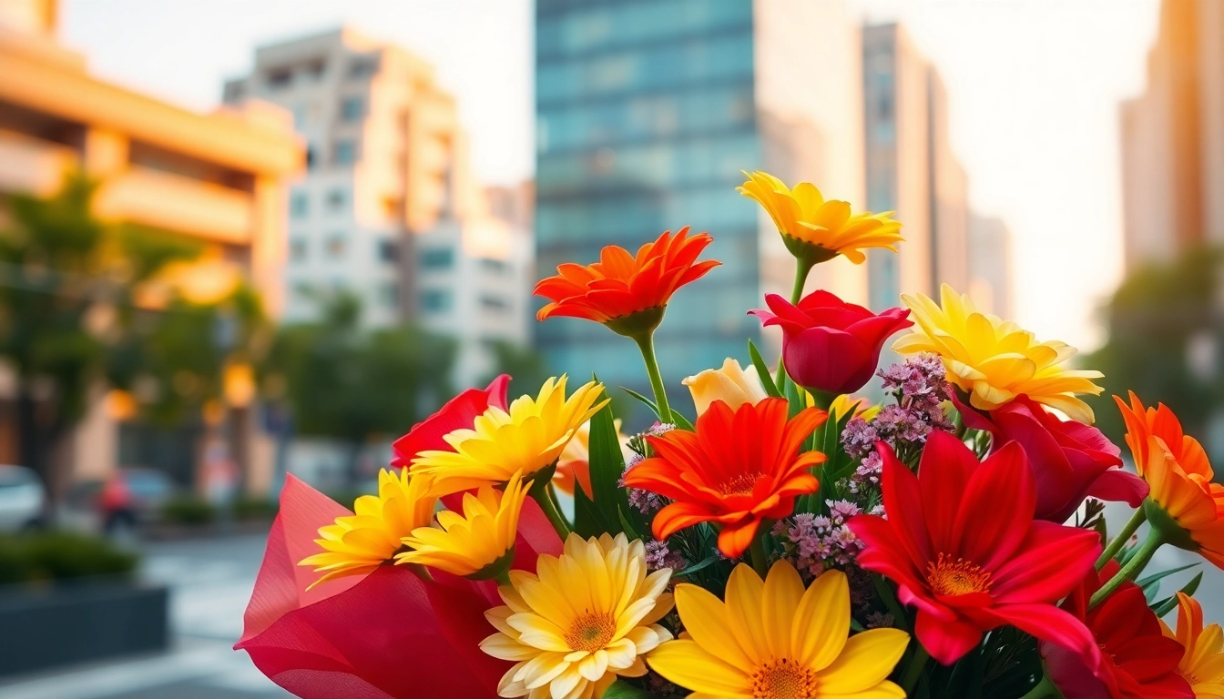 Brightly arranged bouquet for Flower Delivery Mernda in an urban setting, showcasing vibrant colors and cheerful atmosphere.