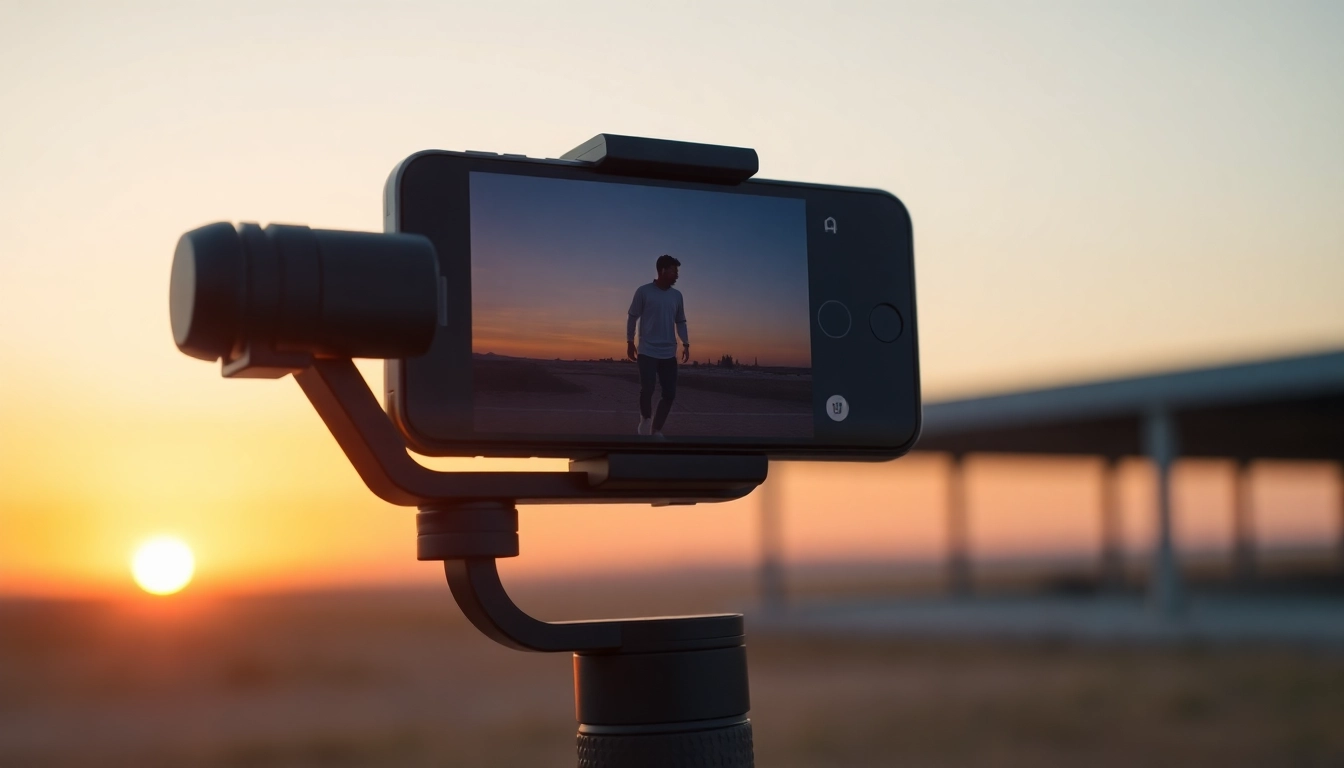Stabilize your shots with a professional smartphone gimble capturing vibrant sunset scenes.