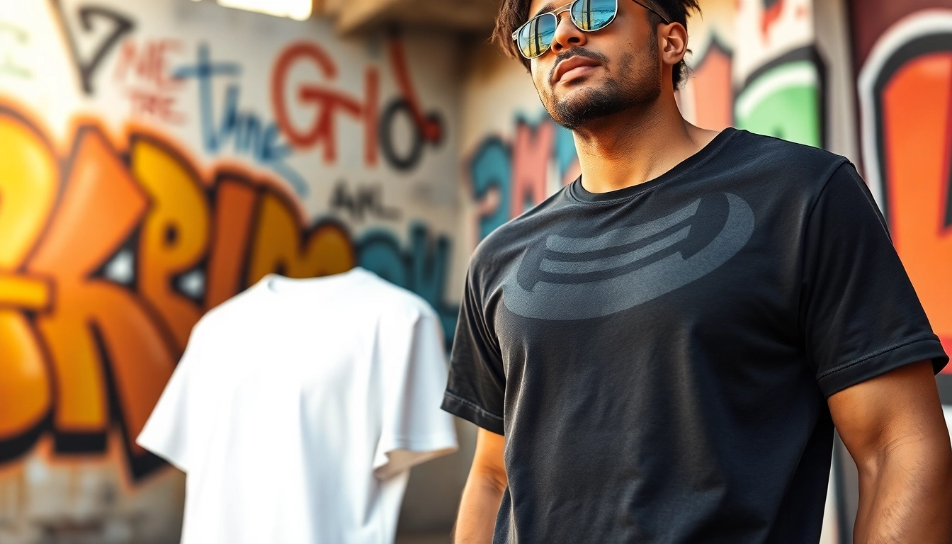Showcase of various best blank t shirts in a stylish urban environment.