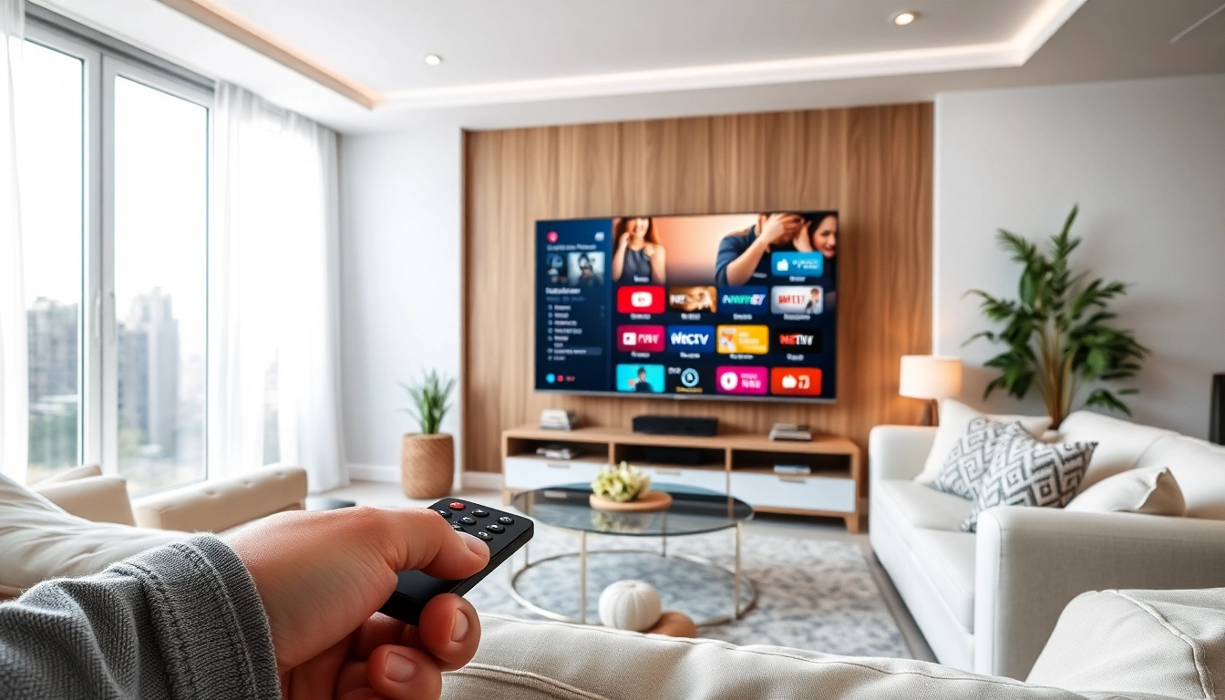 Abonnement iptv affiché sur un écran de télévision moderne avec un design d'intérieur contemporain.