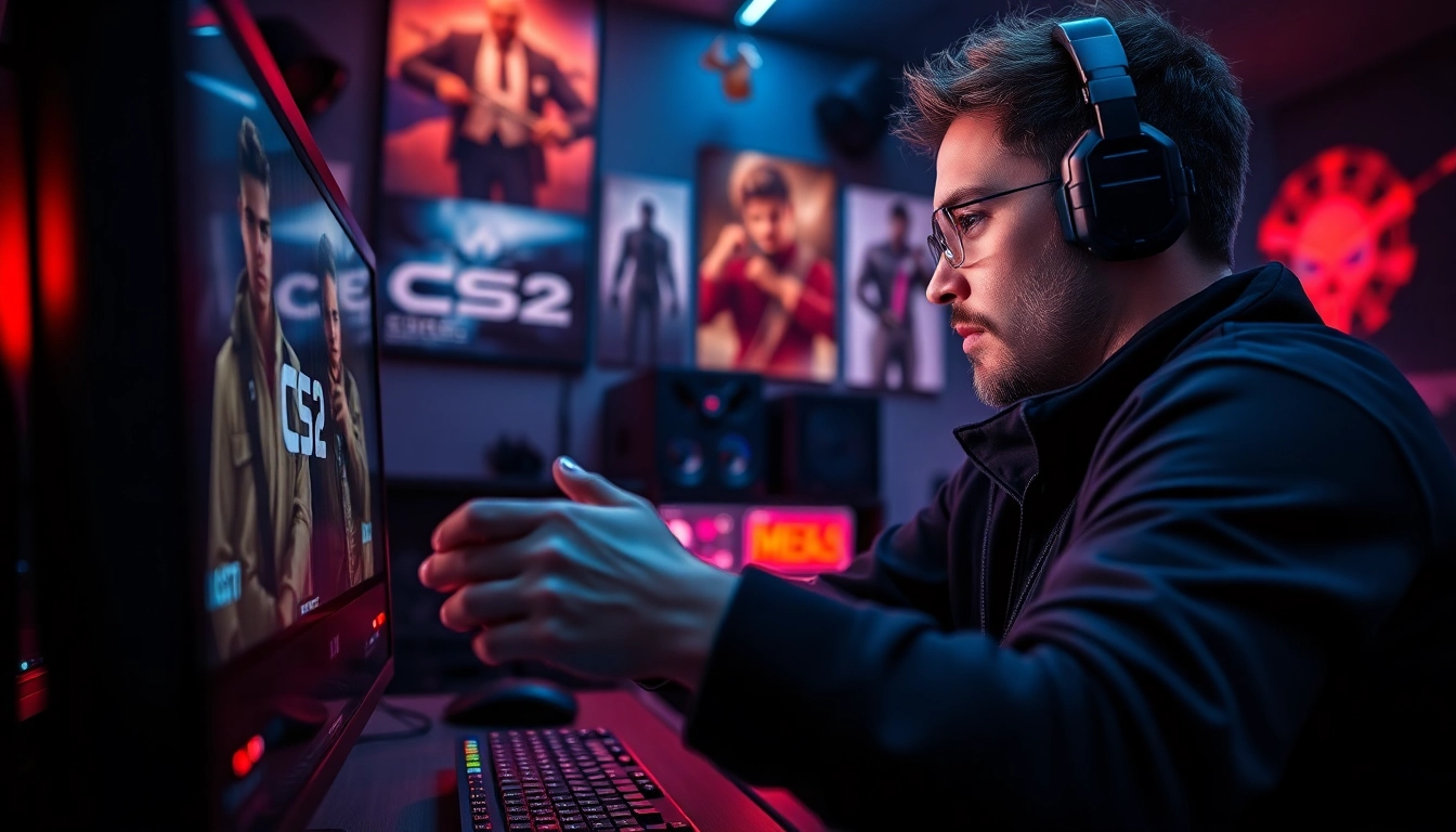 Engaging scene of a gamer focused on CS2 cheats 2025 gameplay with advanced setup and ambient lighting.